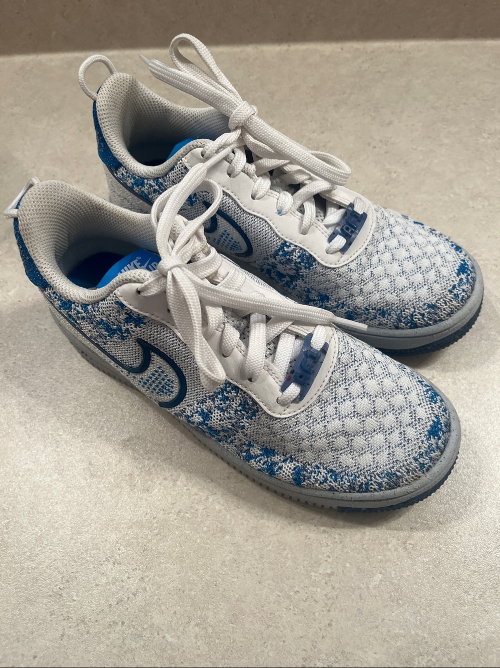 Nike Air Force Flynit White and Blue  Youth Knit Trainers  Size 5Y